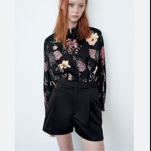 New Zara | Black High Collar Floral Print Satin Effect Blouse Lace Trim Size XS